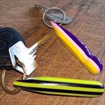 Shaped and polished acrylic pieces used as key fobs